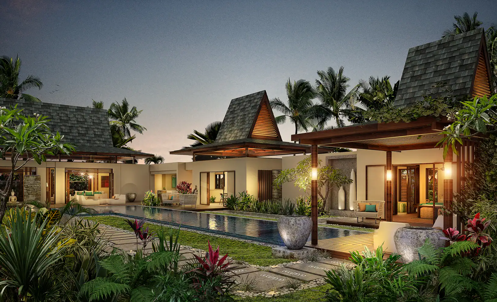 Pool villa at dusk, CGI